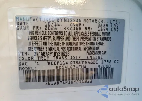 2017 Nissan Sentra Sl from USA, damaged, VIN 3N1AB7AP1HY216253